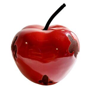 Vintage Red Enamel Over Metal Folk Art Apple Sculpture Signed Decorative Piece